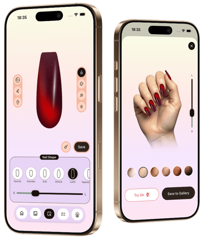 Nail Design Studio app showing nail art editor and virtual try-on