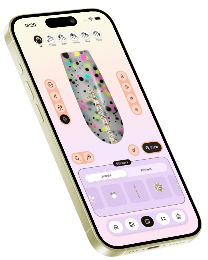 Nail Design Studio nail art editor showing nail shapes, polish colors, glitter, chrome and cat-eye finishes