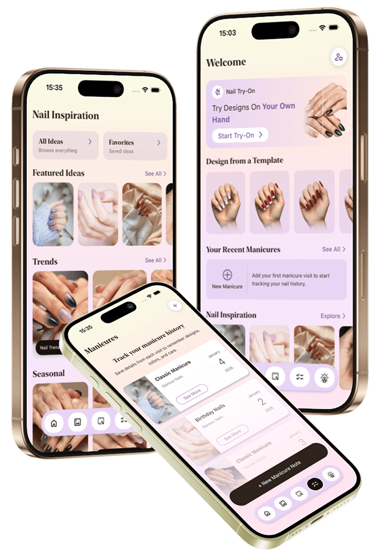 Nail Inspiration feed showing trending manicure ideas, nail art styles, and favorites gallery in Nail Design Studio app