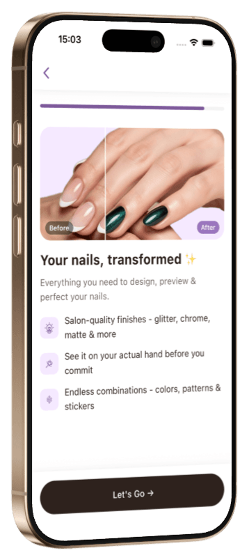 Virtual nail try-on before and after comparison showing AI manicure preview on a real hand